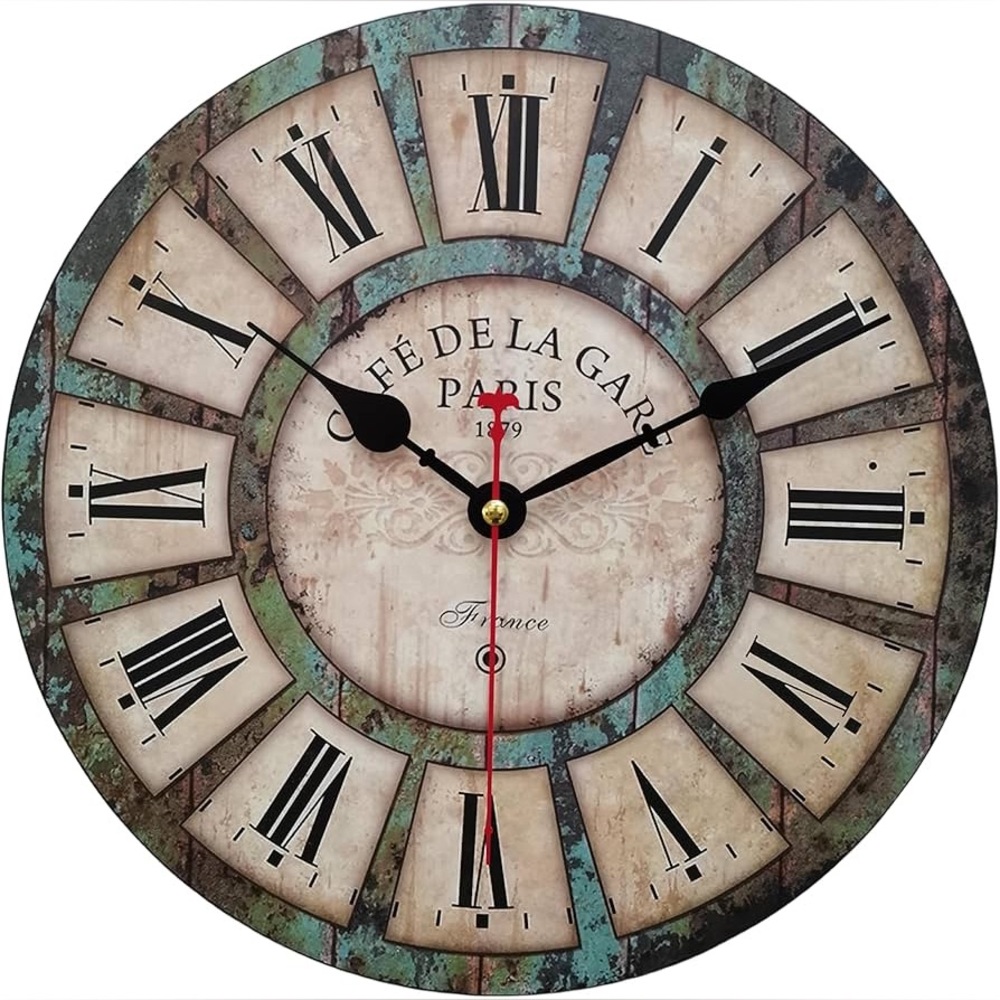 16 Inch Silent Round Wooden Wall Clock Rustic Country Style, Battery Operated